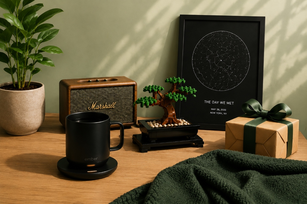 Gift scene with Ember mug, Marshall speaker, LEGO bonsai and personalized star map